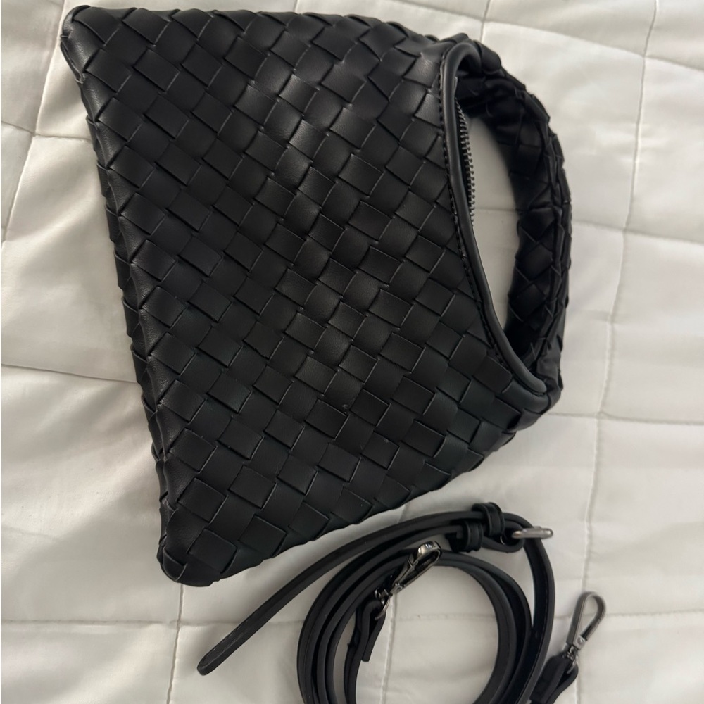 Black Woven Handbag with Strap